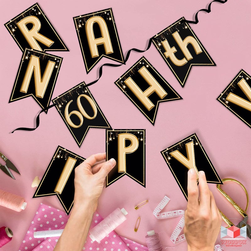 Wobbox Happy Anniversary Bunting Banner Black & Copper Gold Text with Hanging Stars 60th Year with Happy Anniversary Party Props & Golden Colour Foil Fringe, Happy Anniversary Decoration Item - Image 4