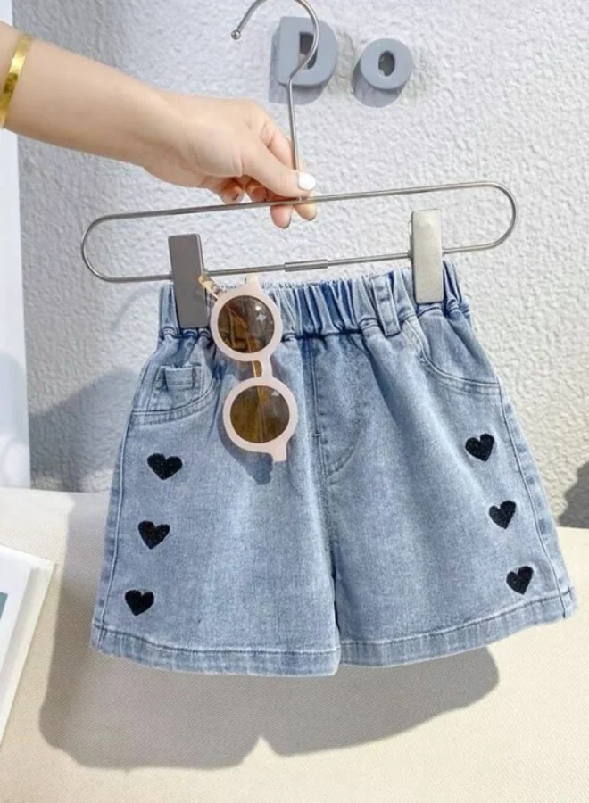 YUNIQEE Light Blue Regular Fit Mid Rise Applique Denim Shorts
