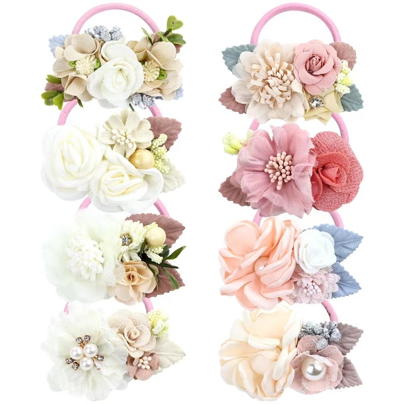Cinaci 8 Pack Decorative Pearl Flower Hair Ties Rubber Bands Floral Ponytail Holders Hair Scrunchies Ropes Elastics Accessories for Toddlers Kids Teens Girls