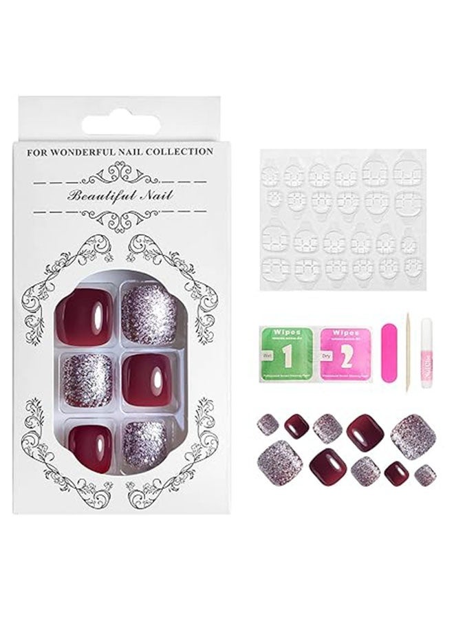 Happy D 24 Fake Toenails - Red and White Glitter Toenails - Fake Toenail Stickers - Image 3