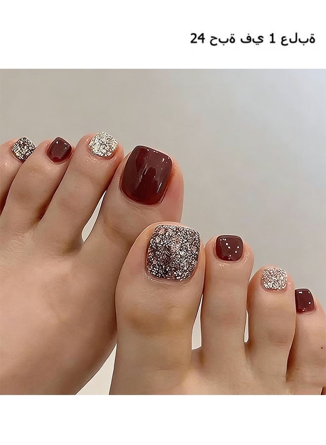 Happy D 24 Fake Toenails - Red and White Glitter Toenails - Fake Toenail Stickers - Image 1