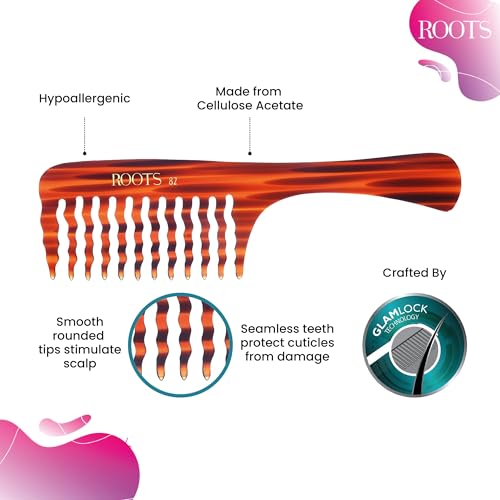 ROOTS Wavy Comb with Handle | Wide Teeth | Rounded Teeth prevent Hair & Scalp damage | For Women with Straight, Long, Wavy Hair | Wet & Dry use | Reduces Frizz | Length - 8.1 Inch | Model No - 82 - Image 2