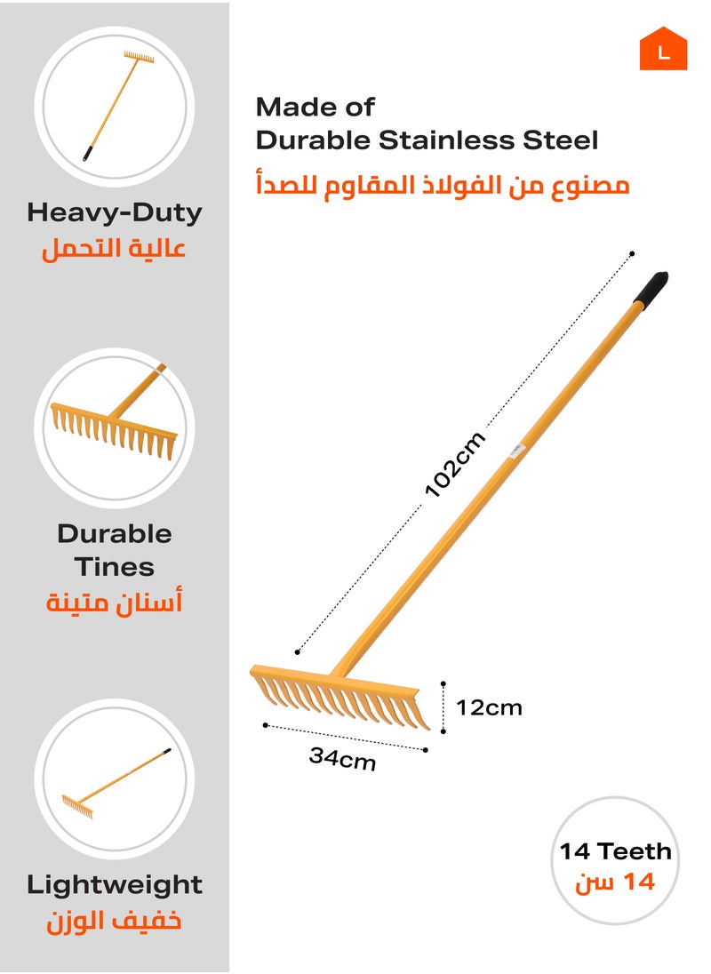 BMB tools - Yellow Rake 1.2Mx14 |Landscape Rake Landscaping Rake Tool for Beach and Lawn Care,Loosening Soil Gathering Leaf Leveling Lawn Farming Land Management Yarn Thatch Rake - Image 1