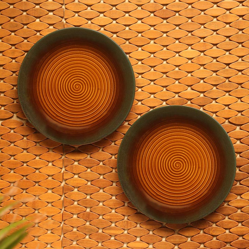 ExclusiveLane 'Amber & Teal' Hand Glazed Studio Pottery Ceramic Plates For Dinner (10 Inch, Set of 2, Microwave Safe)- Ceramic Plates For Dinner Plates Set For Dinner Ceramic Dinner Plates Set Serving - Image 1