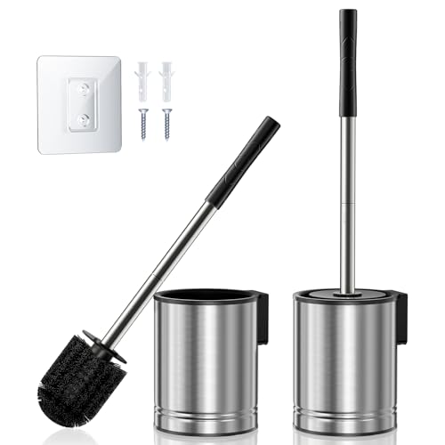 HAMITOR Toilet Brush and Holder Set 2 Pack Stainless Steel Rustproof Kits with Deep Cleaning Bristles Hidden Toilet Cleaner Scrubber for Homeowners Compact Bathroom Accessories for Home RV Silver - Image 1