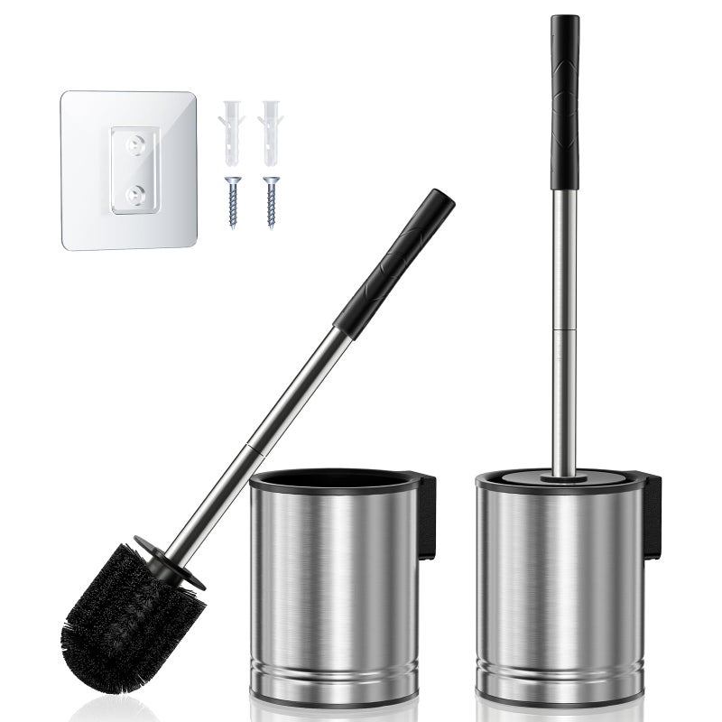 HAMITOR Toilet Brush and Holder Set 2 Pack Stainless Steel Rustproof Kits with Deep Cleaning Bristles Hidden Toilet Cleaner Scrubber for Homeowners Compact Bathroom Accessories for Home RV Silver - Image 2