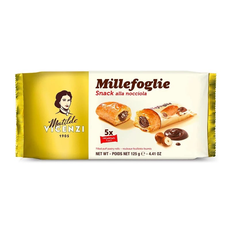 Matilde Vicenzi Millefoglie Mini Snack, Chocolate Cream Filled With Crispy Puff Pastry- 5X25gms
