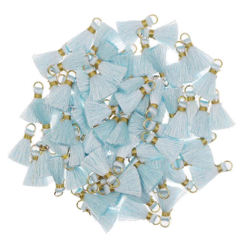 VAPKER 100Pcs 08Inch2CM Mini Tassels Ice Blue Tassel Tiny Handmade Craft Tassels with Gold Jump Ring for Earring Jewelry Necklace Making Accessories DIY