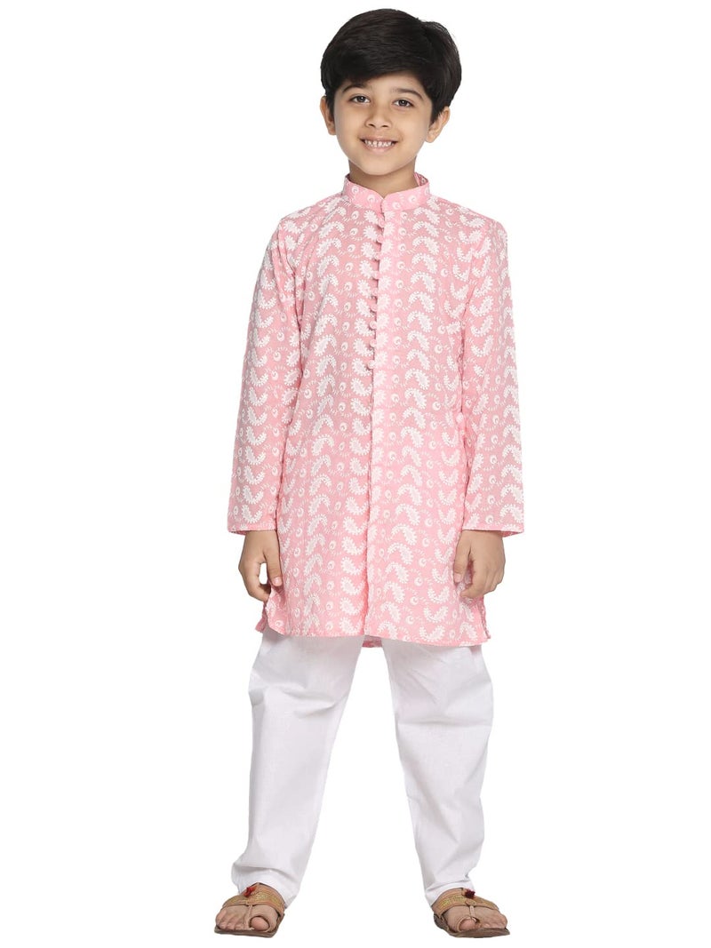 VASTRAMAY Boys' Pink And White Kurta Pyjama Set | Classic Ensemble Of Lukhnowi Chikankari Kurta With Pyjama for Navratri, Diwali & Festive Celebrations - Stylish and Comfortable Indian Outfit for Kids - Image 2