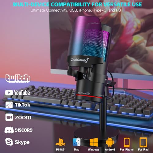 ZealSound USB Microphone for PC Mac iPhone & Android, Podcast Mic with Noise Cancellation, Touch Mute, RGB Light, Volume & Monitor Control, for Streaming Gaming Podcasting ASMR TikTok Discord YouTube - Image 3