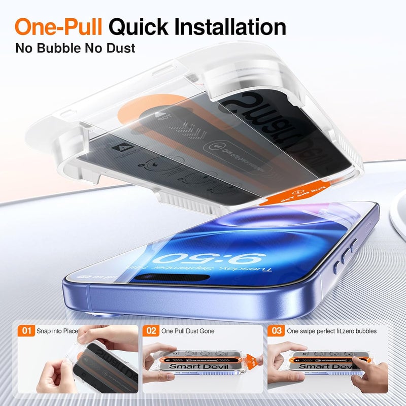 SmartDevil 2 Pack for iPhone 16 Privacy Screen Protector Anti-Spy Tempered Glass Film 9H Hardness Upgrade Edge Protection Easy Installation with Bubble-Free and Dust-Free Box - Image 3