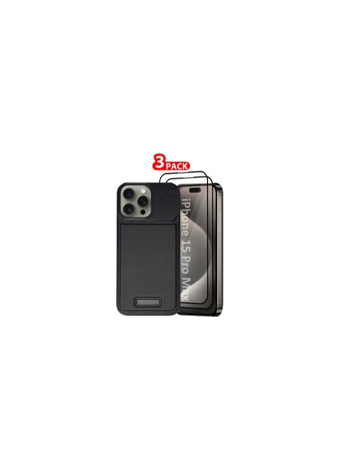 CATANES iPhone 15 Pro Max 3 Pack Case Leather Metal Design, Slim Lightweight Minimalist Cover,1 Case 2 Screen Protectors  - Image 1