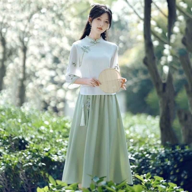 Republic of China Style Summer Womens Slim-fit Cheongsam Top Thin Han Element Hanfu suit Artistic Temperament Tang Suit Tea Art Clothing White Top Green Skirt suit 