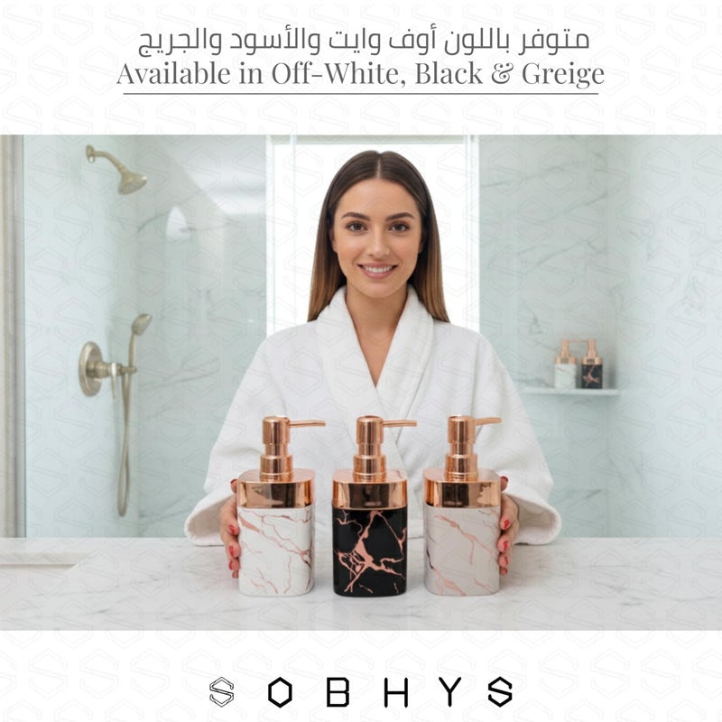 SOBHYS Marble Soap Dispenser with Rose Gold Pump, Refillable Countertop Bottle for Bathroom, Shower & Kitchen, Off-White Black & Greige, 350 ml - SOBHYS (Off-White) - Image 3