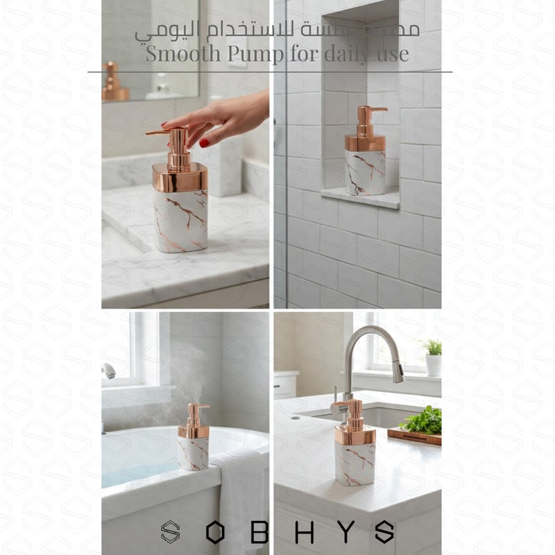 SOBHYS Marble Soap Dispenser with Rose Gold Pump, Refillable Countertop Bottle for Bathroom, Shower & Kitchen, Off-White Black & Greige, 350 ml - SOBHYS (Off-White) - Image 4