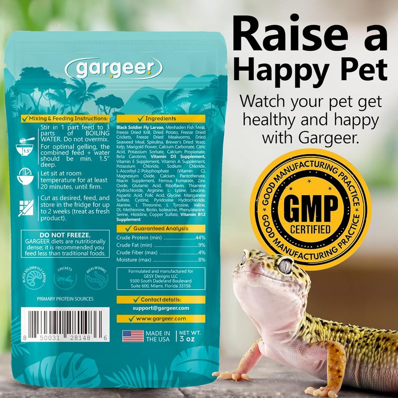 Gargeer طعام جارجير للجربوع الفهد الأخضر (Gargeer Leopard Gecko Food)، 3 أونصات. نظام غذائي جلي كامل مناسب للصغار والبالغين. مصنوع بفخر في الولايات المتحدة الأمريكية، باستخدام مكونات عالية الجودة وصيغة غذائية فاخرة. استمتعوا بالطعم!!! - Image 2