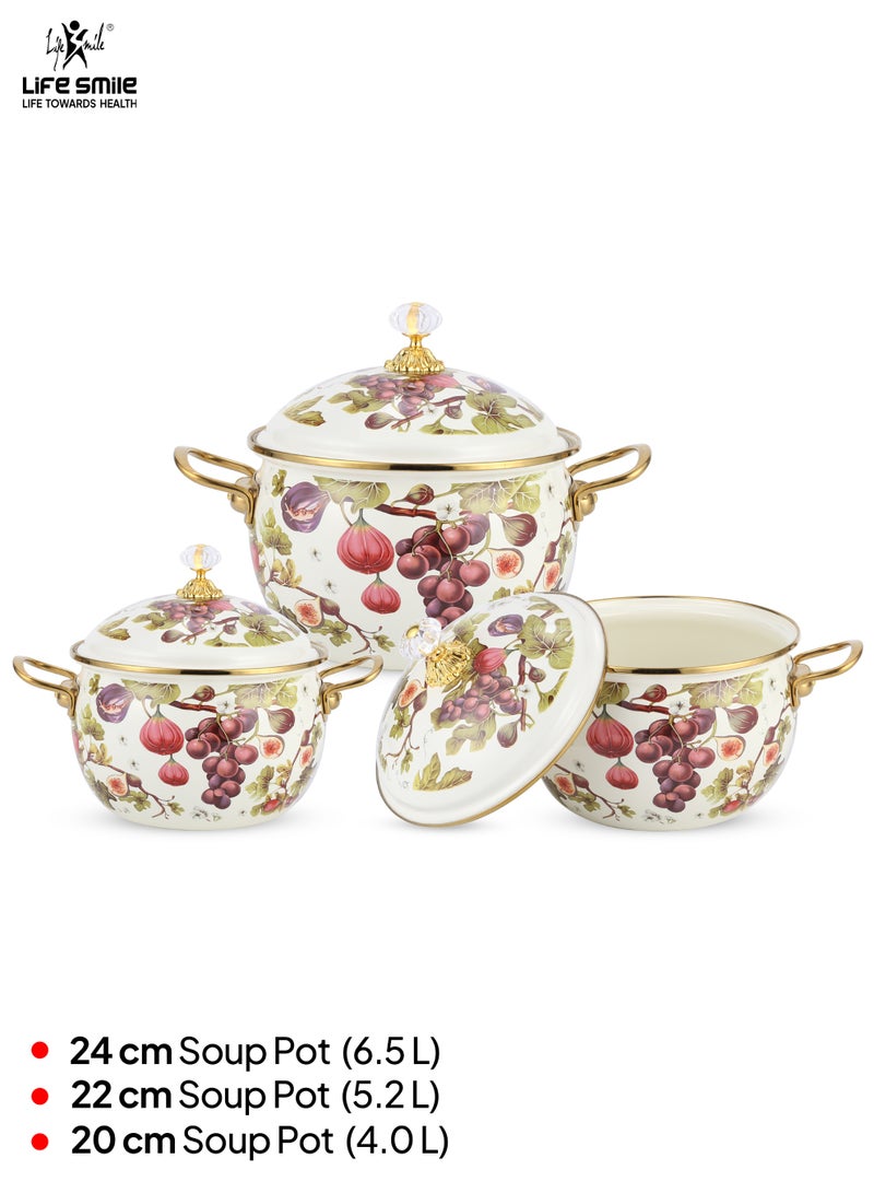 Life Smile 6-Pcs Floral Pattern Enameled Cookware Set - Kitchen Cooking Pots Set with Lids, 100% PFOA Free and Safe Soup Pots ,Induction Bottom Cookwares includes 20cm (4.0L)/22cm(5.2L)/ 24cm(6.5L) Casseroles with Lid - Image 2