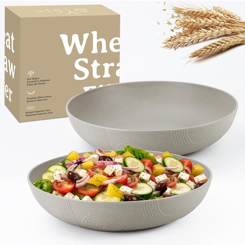 Wrova 2 Pack Salad Bowls10inch 65oz Large Salad Bowl SetPlastic Bowl for Kitchenwheat straw bowls Set for SoupCerealRamenFruitSaladDishwasher  Microwave SafeEasy CleanGray - Image 1