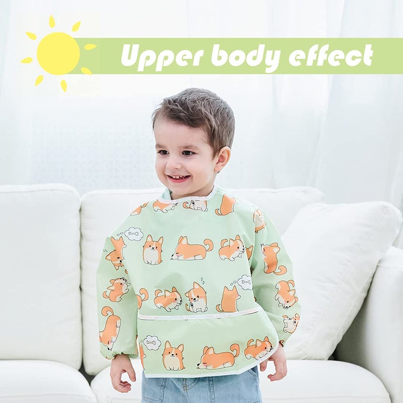 Little Dimsum Full Sleeved Feeding Bib 2 Pack,Baby & Toddler Waterproof Bib Apron,Food Protection Large Pocket Eating Smock 6-36 Months (Little Puppy/Little Cat) - Image 5