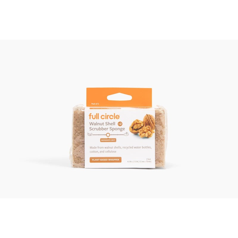 Full Circle Walnut Scrubber Sponges, Pack of 2 â€“ Dual-Sided, Plant-Based & Recycled Kitchen Sponges, Gentle on Nonstick Cookware - Image 1