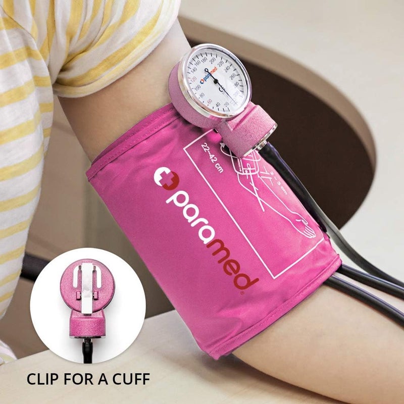 paramed Aneroid Sphygmomanometer – Manual Blood Pressure Cuff with Universal Cuff 8.7-16.5" and D-Ring – Carrying Case in The kit – Pink – Stethoscope Not Included - Image 3