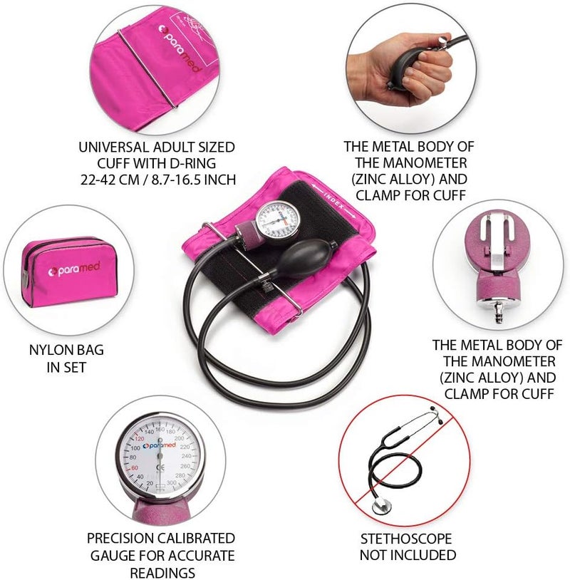 paramed Aneroid Sphygmomanometer – Manual Blood Pressure Cuff with Universal Cuff 8.7-16.5" and D-Ring – Carrying Case in The kit – Pink – Stethoscope Not Included - Image 2