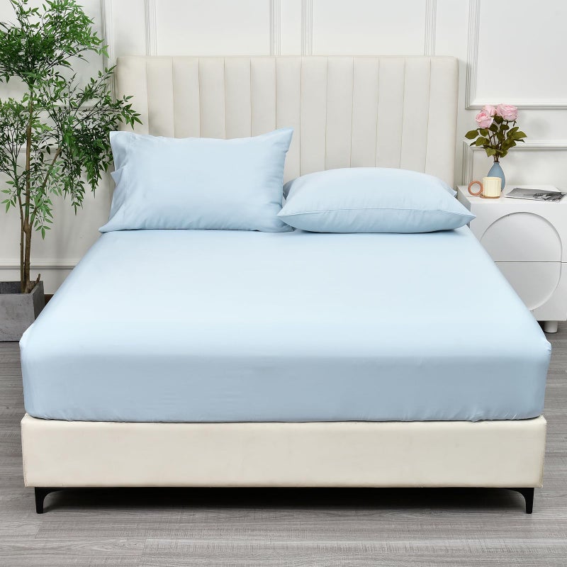 PHF PHF 100% Rayon Derived from Bamboo Cooling Fitted Sheet Queen Size for Hot Sleeper  16"" Deep Pocket  2.5cm Wider Strong Elastic Easy Fit  Breathable Silky Soft  60""x 80""  Sky Blue  No Pillowcase  - Image 1