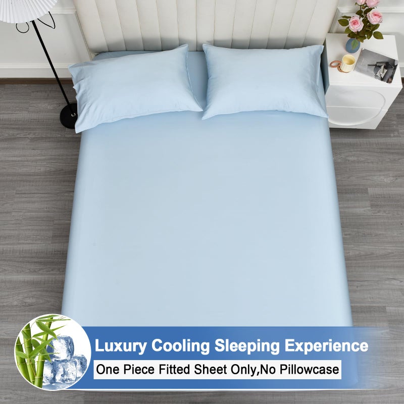 PHF PHF 100% Rayon Derived from Bamboo Cooling Fitted Sheet Queen Size for Hot Sleeper  16"" Deep Pocket  2.5cm Wider Strong Elastic Easy Fit  Breathable Silky Soft  60""x 80""  Sky Blue  No Pillowcase  - Image 3