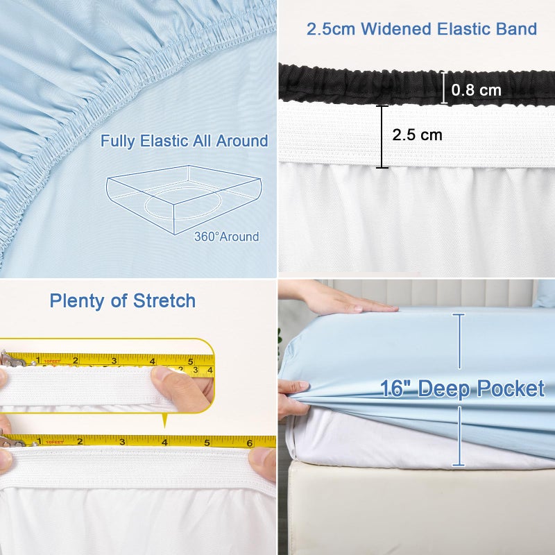 PHF PHF 100% Rayon Derived from Bamboo Cooling Fitted Sheet Queen Size for Hot Sleeper  16"" Deep Pocket  2.5cm Wider Strong Elastic Easy Fit  Breathable Silky Soft  60""x 80""  Sky Blue  No Pillowcase  - Image 5