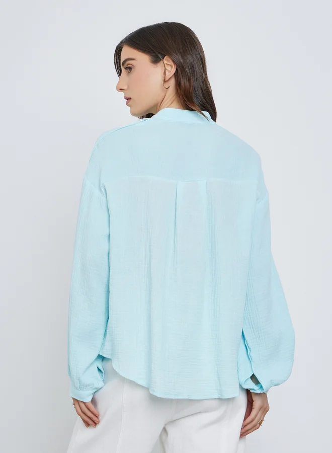 Take Two Take Two Solid Lace Trim Buttoned Oversized Shirt