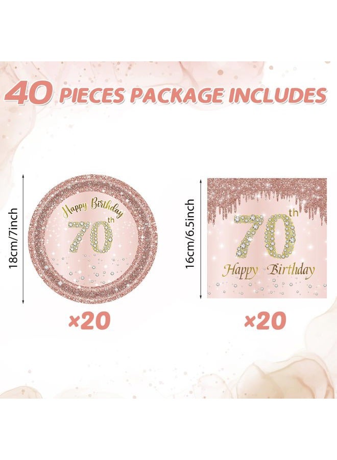 Juhap 70th Birthday Decorations, Rose Gold Birthday Party Supplies Include 20Pcs Plates 20Pcs Napkins Sweet Seventy Year Old Party Tableware for Girl Ladies Women - Image 2