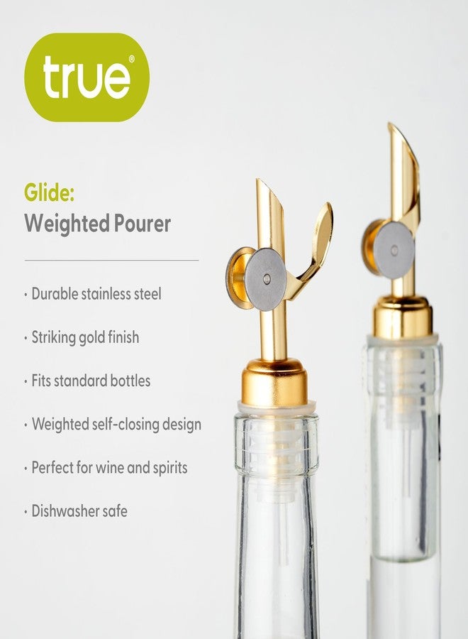 True Glide Weighted Pourers with Self Closing Feature for Liquor, Wine, Oils, or Vinegar, Stainless Steel, Gold, Set of 2 - Image 2