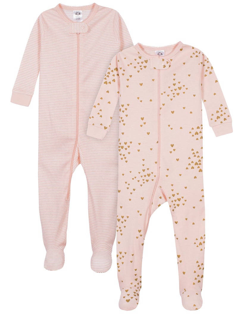Gerber Baby Girls 2-Pack Footed Pajamas, Love Pink, 12 Months - Image 1