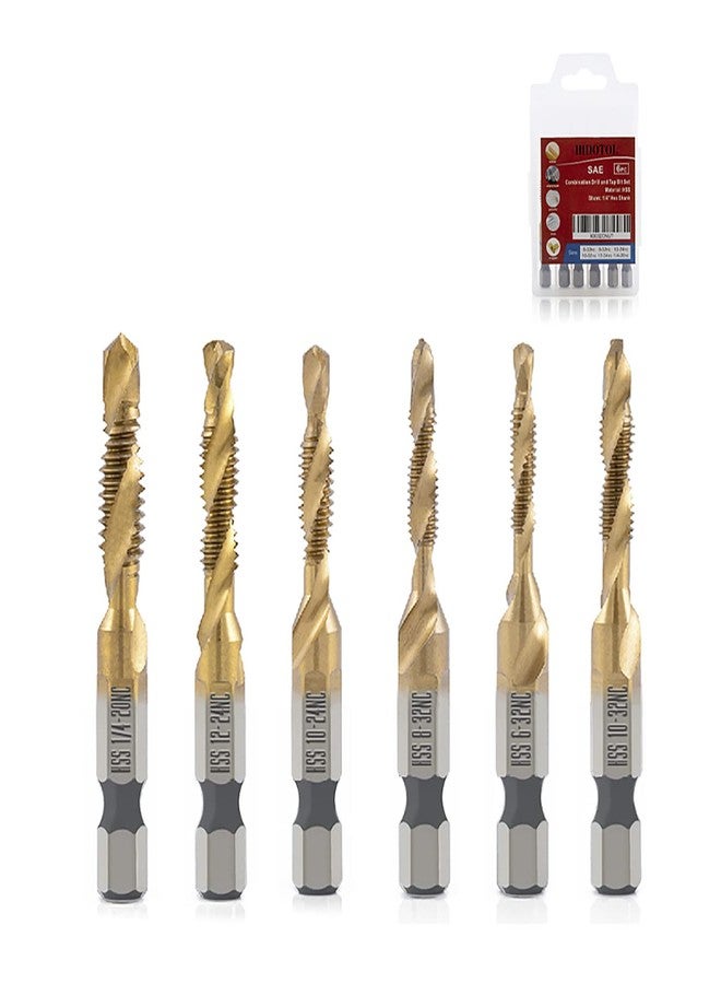 HIDOTOL Titanium Combination Drill and Tap Bits Set, 6 PC SAE Screw Taps, 3-in-1 Bit Tool for Drilling, Tapping and Countersinking - Image 1