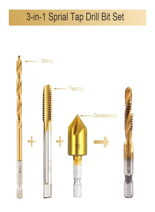 HIDOTOL Titanium Combination Drill and Tap Bits Set, 6 PC SAE Screw Taps, 3-in-1 Bit Tool for Drilling, Tapping and Countersinking - Image 3