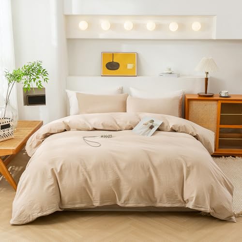 ECOCOTT Duvet Cover King Size, 100% Washed Cotton 1 Duvet Cover with Zipper and 2 Pillowcases, Ultra Soft and Easy Care Breathable Cozy Simple Style Bedding Set(Khaki, King) - Image 1