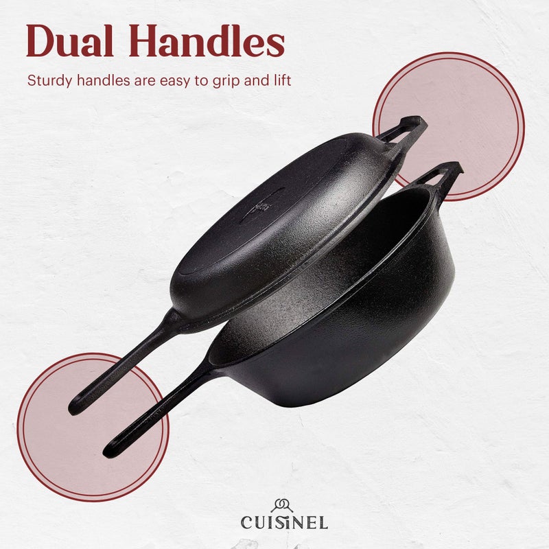 Cuisinel Cast Iron Skillet + Lid - 2-In-1 Multi Cooker - Deep Pot + Frying Pan - 3-Qt Dutch Oven - Pre-Seasoned Oven Cookware - Works for Bread, Indoor/Outdoor, Grill, Stovetop and Induction - Image 3