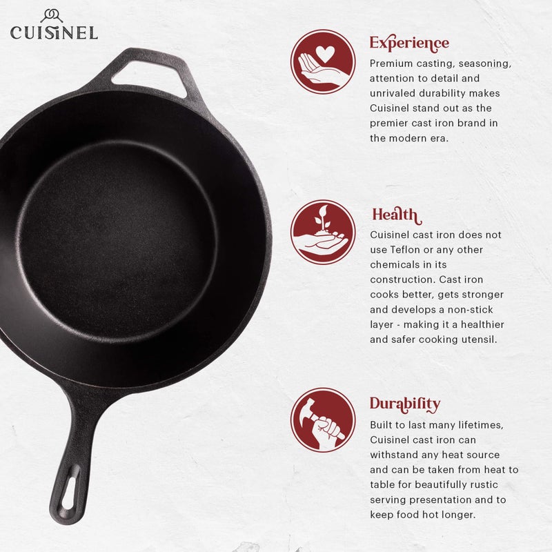 Cuisinel Cast Iron Skillet + Lid - 2-In-1 Multi Cooker - Deep Pot + Frying Pan - 3-Qt Dutch Oven - Pre-Seasoned Oven Cookware - Works for Bread, Indoor/Outdoor, Grill, Stovetop and Induction - Image 2