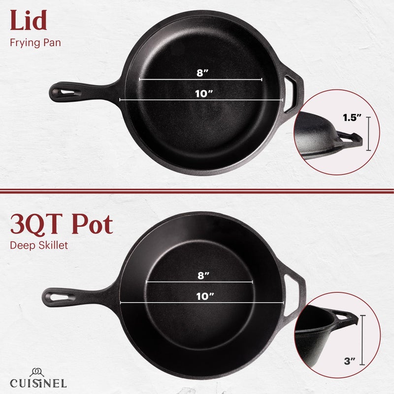 Cuisinel Cast Iron Skillet + Lid - 2-In-1 Multi Cooker - Deep Pot + Frying Pan - 3-Qt Dutch Oven - Pre-Seasoned Oven Cookware - Works for Bread, Indoor/Outdoor, Grill, Stovetop and Induction - Image 4