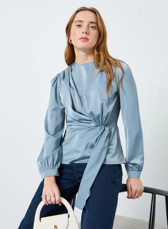 Take Two Women Solid Round Neck Ruched Top