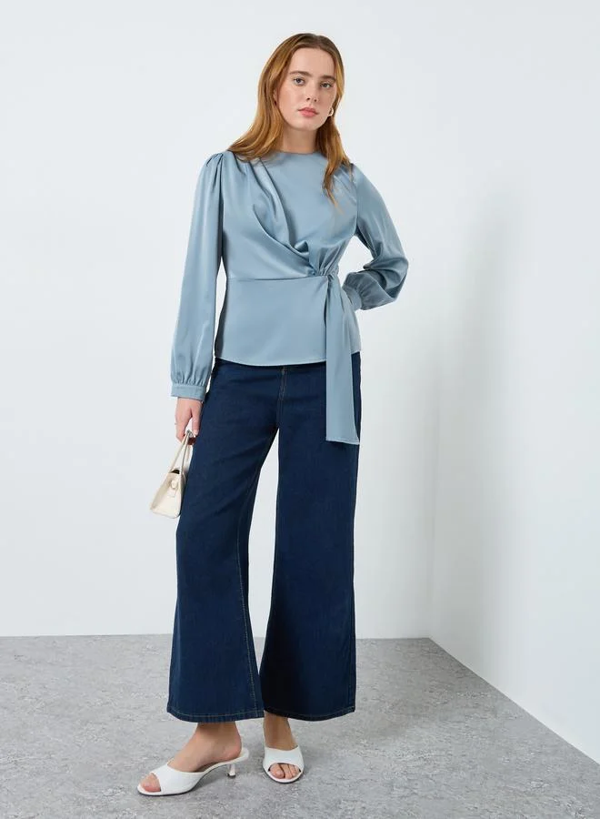 Take Two Women Solid Round Neck Ruched Top