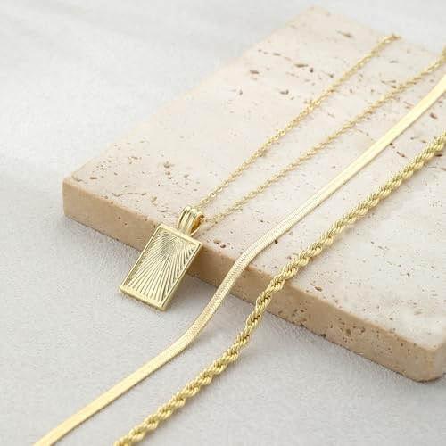 Kyerlyn layered gold necklaces for women，Stackable Simple 14K Gold Plated Chain Necklace Layering Fashion Pendant herringbone Necklaces Trendy gold Jewelry for women trendy Set Gifts - Image 4