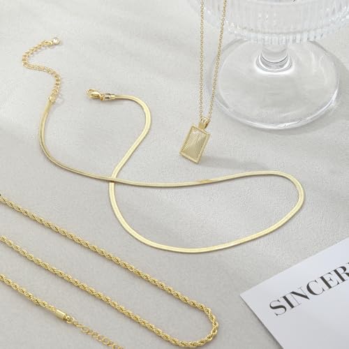 Kyerlyn layered gold necklaces for women，Stackable Simple 14K Gold Plated Chain Necklace Layering Fashion Pendant herringbone Necklaces Trendy gold Jewelry for women trendy Set Gifts - Image 5