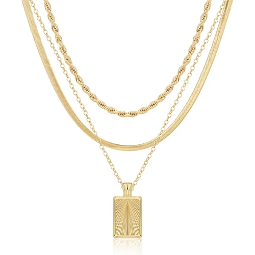 Kyerlyn layered gold necklaces for women，Stackable Simple 14K Gold Plated Chain Necklace Layering Fashion Pendant herringbone Necklaces Trendy gold Jewelry for women trendy Set Gifts - Image 1