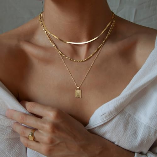 Kyerlyn layered gold necklaces for women，Stackable Simple 14K Gold Plated Chain Necklace Layering Fashion Pendant herringbone Necklaces Trendy gold Jewelry for women trendy Set Gifts - Image 2