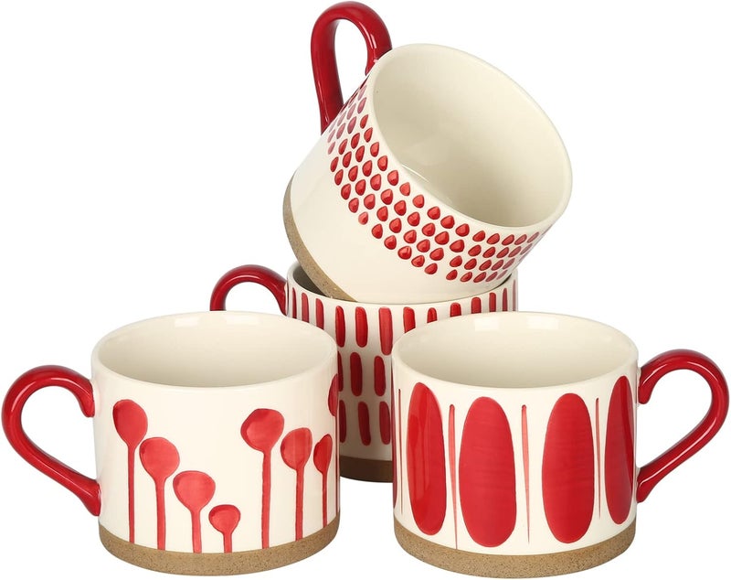 Koja Hand Painted 15 oz Porcelain Ceramic Mugs Set Service for 4 Hand Painted  Red - Image 1