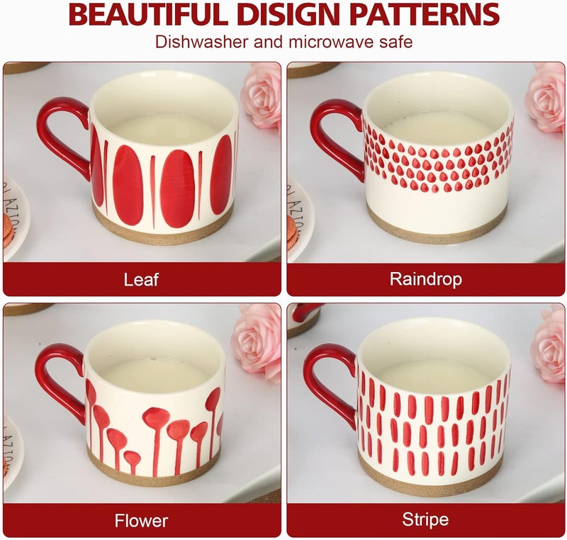 Koja Hand Painted 15 oz Porcelain Ceramic Mugs Set Service for 4 Hand Painted  Red - Image 5