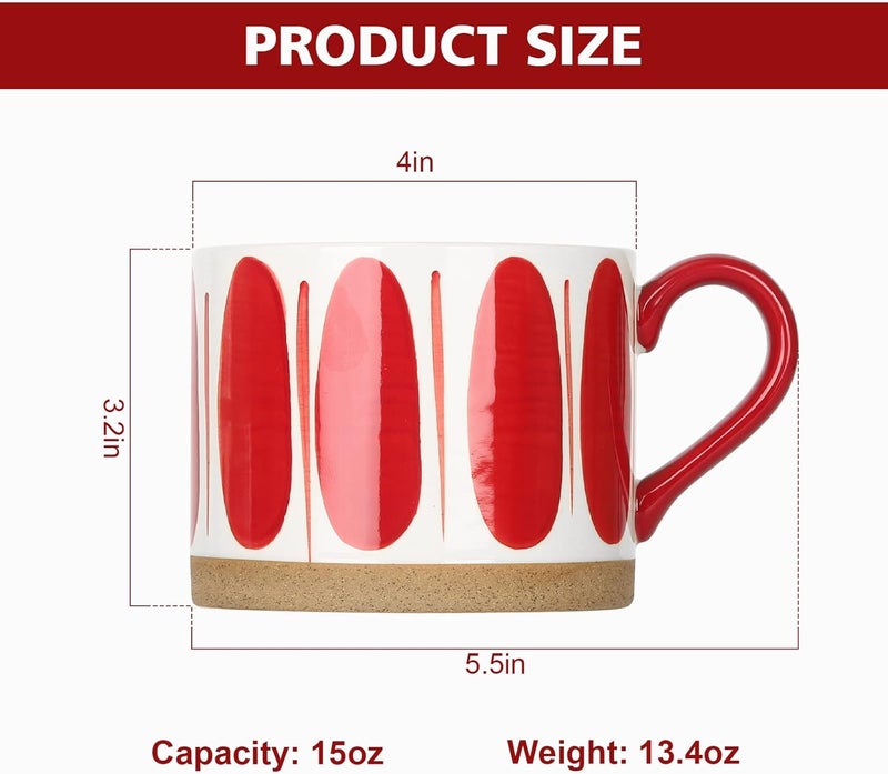 Koja Hand Painted 15 oz Porcelain Ceramic Mugs Set Service for 4 Hand Painted  Red - Image 2