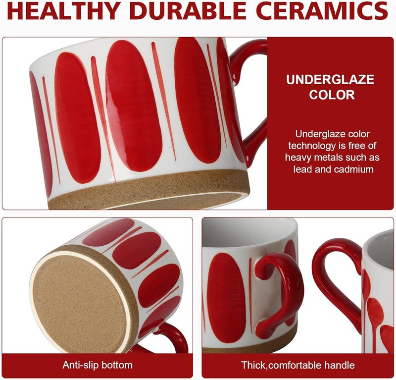 Koja Hand Painted 15 oz Porcelain Ceramic Mugs Set Service for 4 Hand Painted  Red - Image 3
