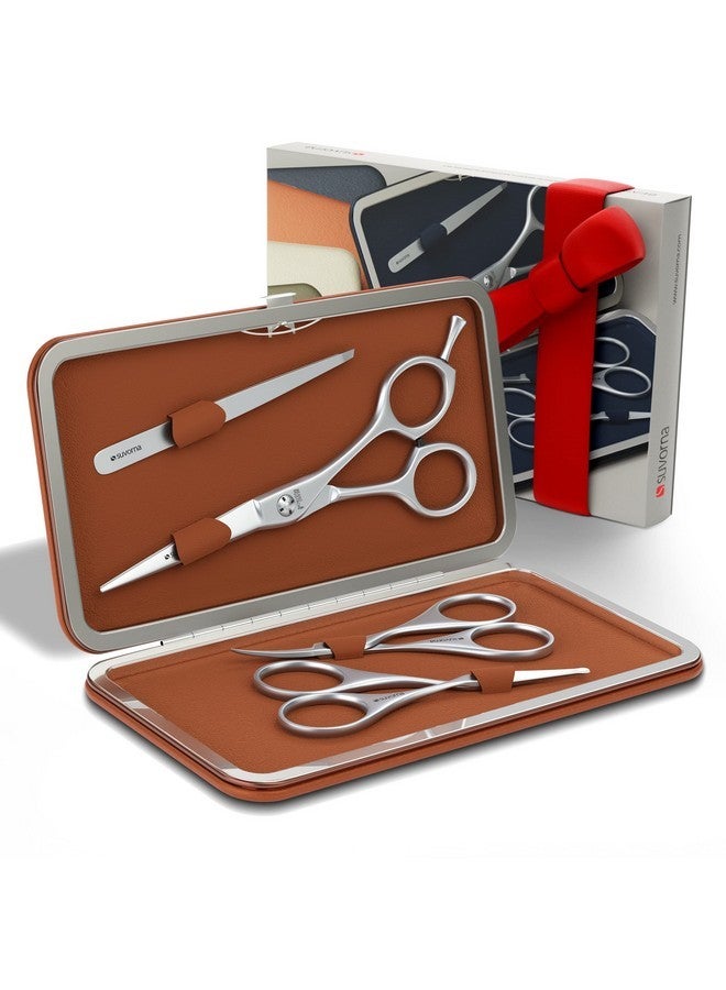 Suvorna Premium Beard & Mustache Scissors Set/Kit With Beard Scissors For Men - Grooming Scissors Men/Facial Hair Scissors/Nose Scissors - Eyebrow Scissors - Slant Tweezers (4 Pcs Brown) - Image 1
